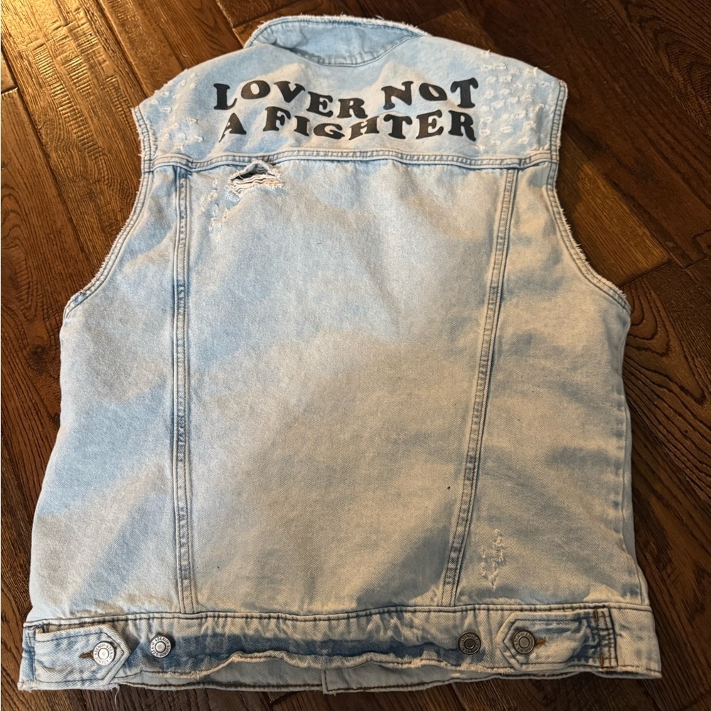 H&M Lover Not a Fighter Distressed Denim Vest - Picture 2 of 5